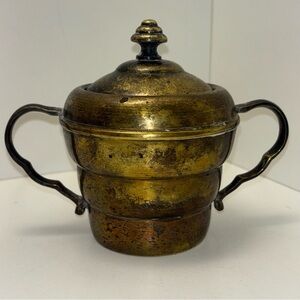 Art deco brass two-handled sugar bowl with lid